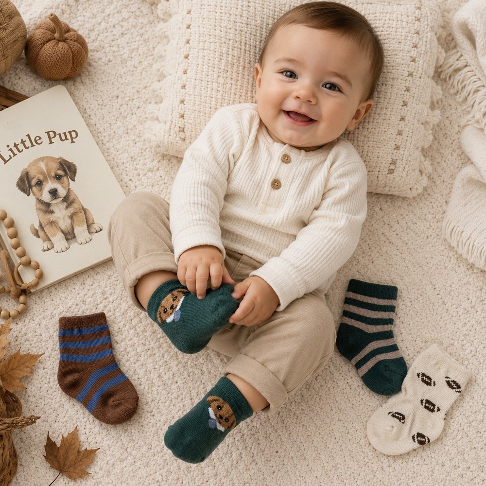 Picolette by Olivia Culpo Baby Crew Socks 4 Pack Green Brown Puppy Football 0-3M